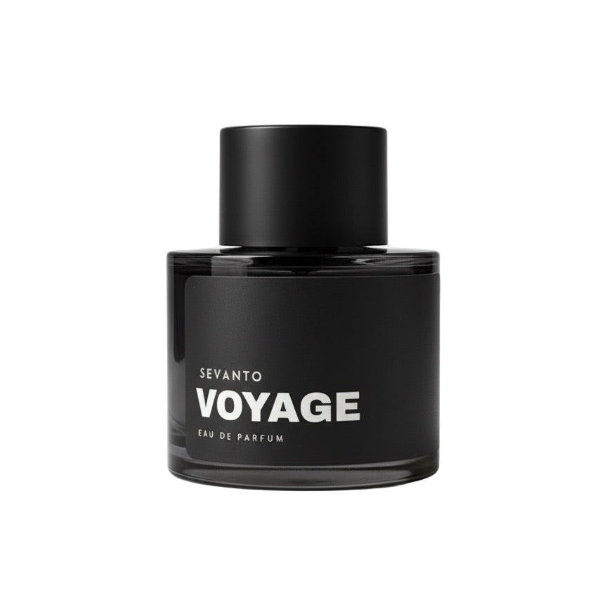 Black perfume bottle labeled 'Voyage' by Sevanto. Best perfume in Bangladesh. 